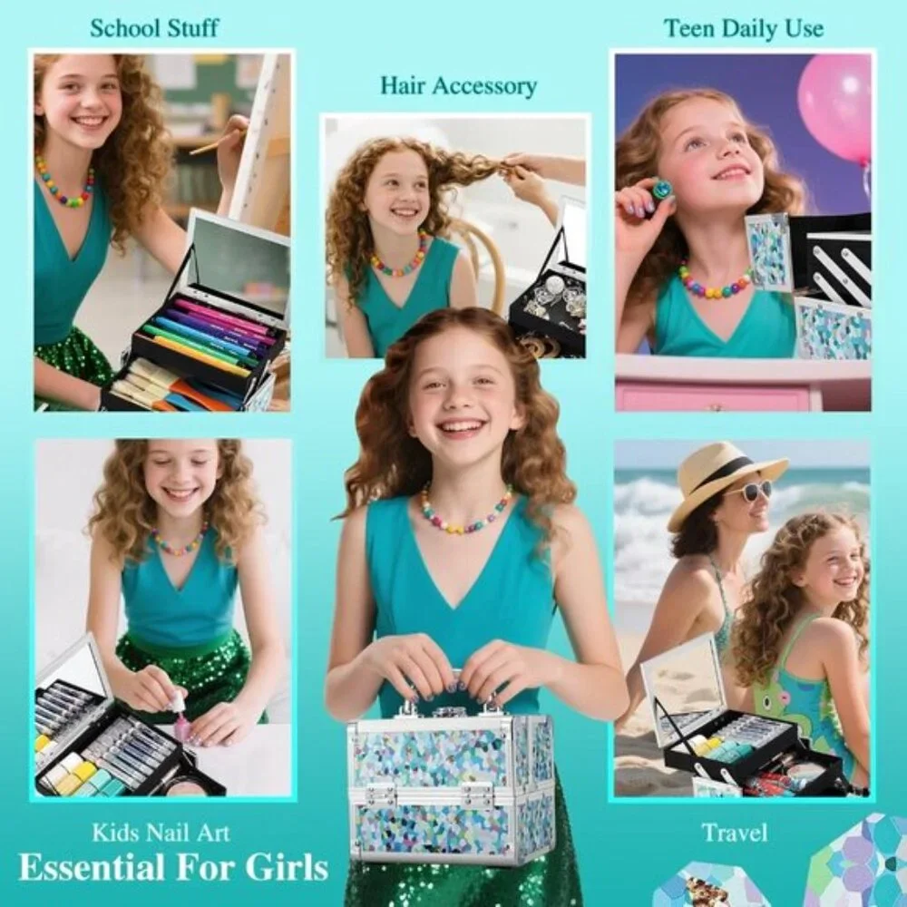 New Portable Kids Makeup Train Case with Mirror & Lock, Hard Organizer Box
